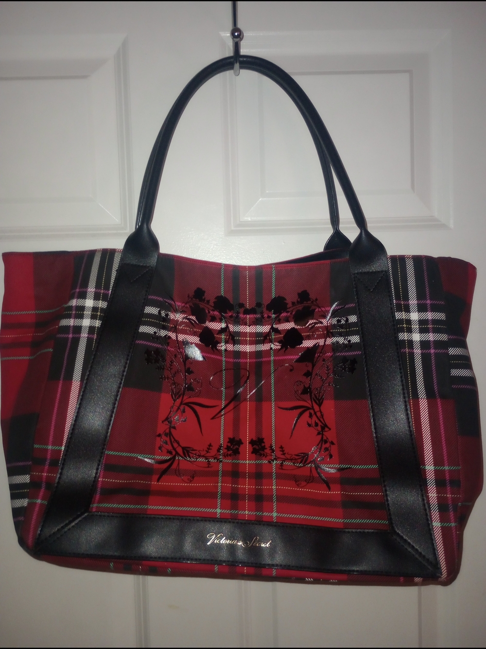 Victoria's Secret Red Plaid Tote with Black Trim and Floral Accent